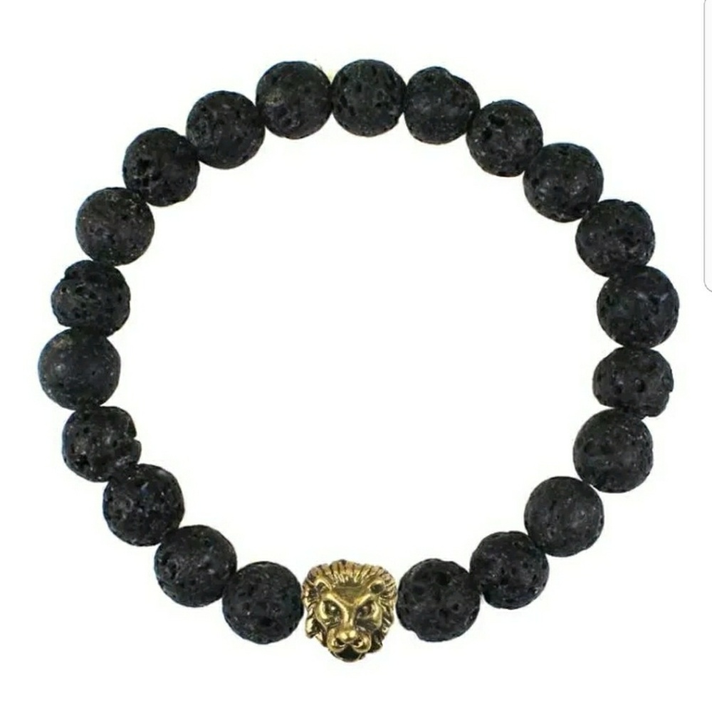 BLACK CRACKED LAVA STONE BEADED BRACELET LION HEAD